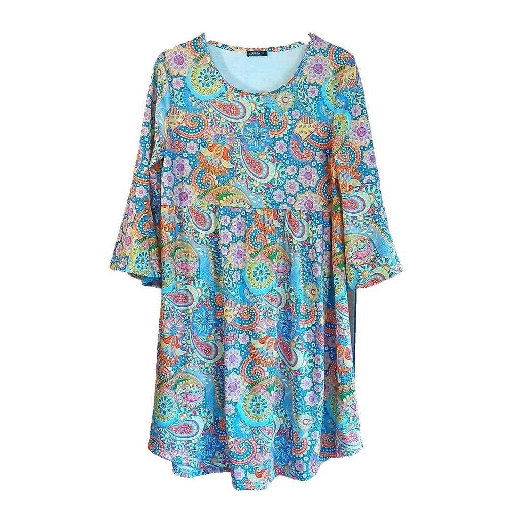 IZURIA Paisley Floral Bell Sleeve Empire Waist Dress XL Hippie Boho 60s Artsy